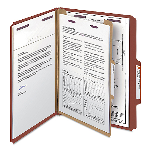 Smead Pressboard Classification Folders, Four SafeSHIELD Fasteners, 2/5-Cut Tabs, 1 Divider, Letter Size, Red, 10/Box (13775)