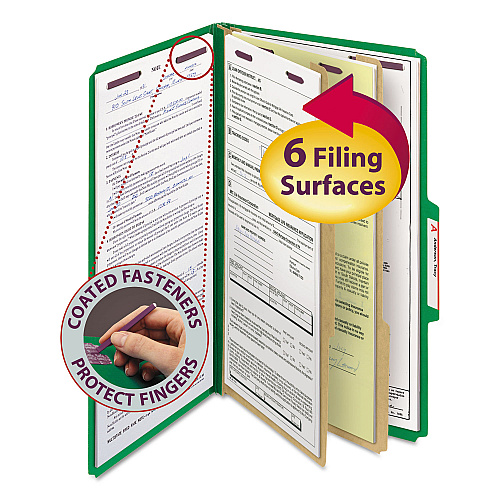 Smead Six-Section Pressboard Top Tab Classification Folders, Six SafeSHIELD Fasteners, 2 Dividers, Legal Size, Green, 10/Box (19033)