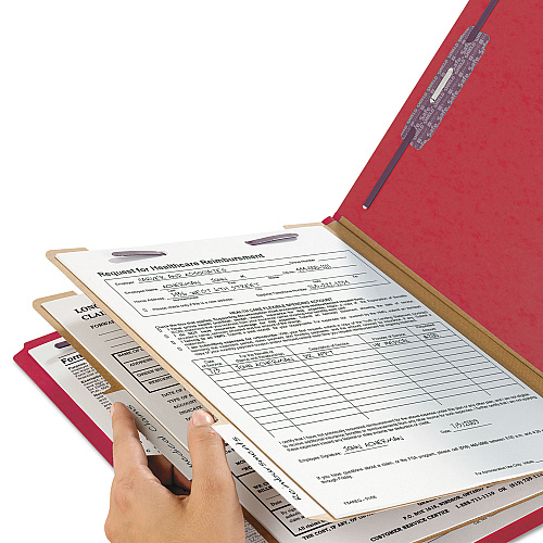 Smead Six-Section Pressboard Top Tab Classification Folders, Six SafeSHIELD Fasteners, 2 Dividers, Letter Size, Bright Red, 10/Box (14031)