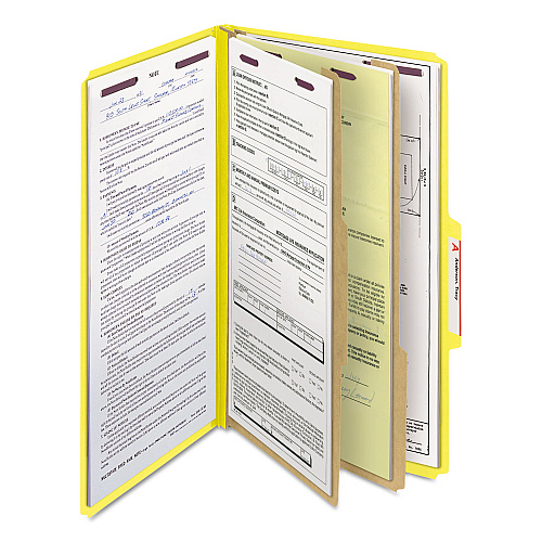 Smead Six-Section Pressboard Top Tab Classification Folders, Six SafeSHIELD Fasteners, 2 Dividers, Legal Size, Yellow, 10/Box (19034)