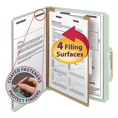 Smead Pressboard Classification Folders, Four SafeSHIELD Fasteners, 2/5-Cut Tabs, 1 Divider, Letter Size, Gray-Green, 10/Box (13776)