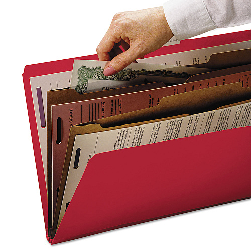 Smead 6-Section Pressboard Top Tab Pocket Classification Folders, 6 SafeSHIELD Fasteners, 2 Dividers, Letter Size, Bright Red,10/BX (14082)