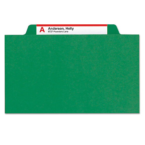 Smead 6-Section Pressboard Top Tab Pocket Classification Folders, 6 SafeSHIELD Fasteners, 2 Dividers, Letter Size, Green, 10/Box (14083)
