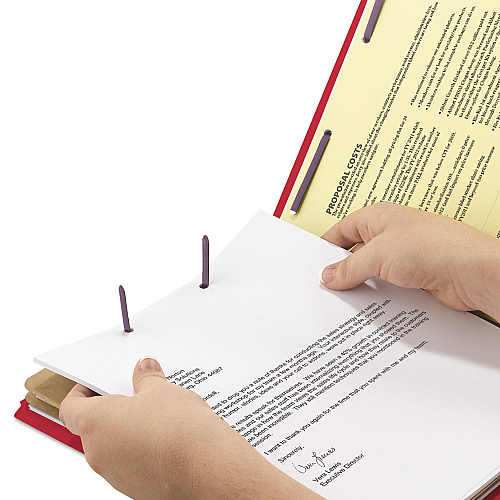 Smead 6-Section Pressboard Top Tab Pocket Classification Folders, 6 SafeSHIELD Fasteners, 2 Dividers, Letter Size, Bright Red,10/BX (14082)