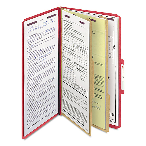 Smead Six-Section Pressboard Top Tab Classification Folders, Six SafeSHIELD Fasteners, 2 Dividers, Legal Size, Bright Red, 10/Box (19031)
