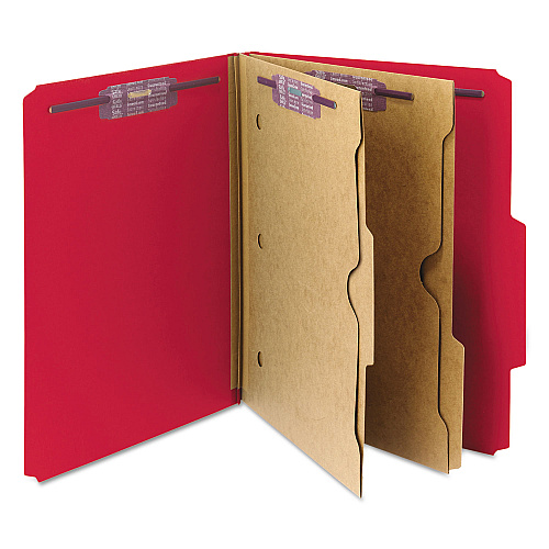 Smead 6-Section Pressboard Top Tab Pocket Classification Folders, 6 SafeSHIELD Fasteners, 2 Dividers, Letter Size, Bright Red,10/BX (14082)