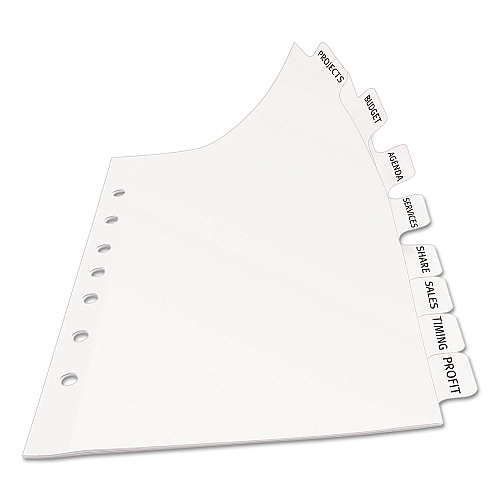 Avery Print and Apply Index Maker Clear Label Dividers with Label Strip/White Tabs, 7-Hole Punched, 8-Tab, 8.5 x 5.5, White, 1 Set (11427)
