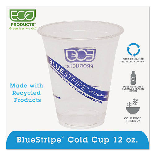 Eco-Products BlueStripe 25% Recycled Content Cold Cups, 12 oz, Clear/Blue, 50/Pack, 20 Packs/Carton (EPCR12)