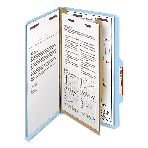 Smead Four-Section Pressboard Top Tab Classification Folders, Four SafeSHIELD Fasteners, 1 Divider, Legal Size, Blue, 10/Box (18730)