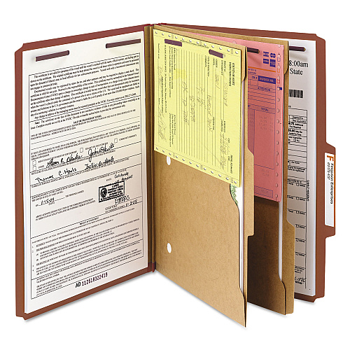 Smead 6-Section Pressboard Top Tab Pocket Classification Folders, 6 SafeSHIELD Fasteners, 2 Dividers, Legal Size, Red, 10/Box (19079)
