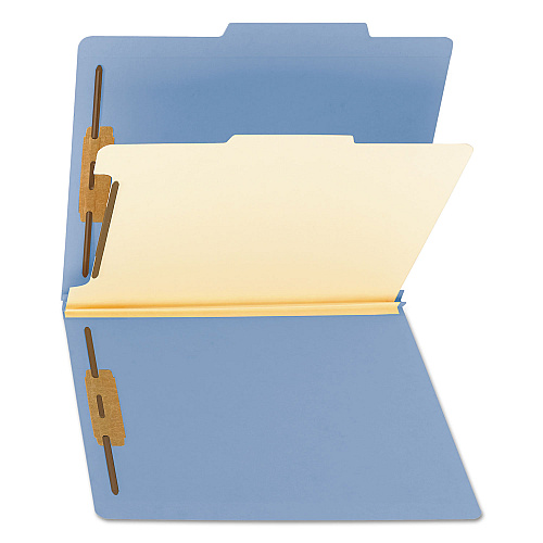 Smead Top Tab Classification Folders, Four SafeSHIELD Fasteners, 2" Expansion, 1 Divider, Letter Size, Blue Exterior, 10/Box (13701)