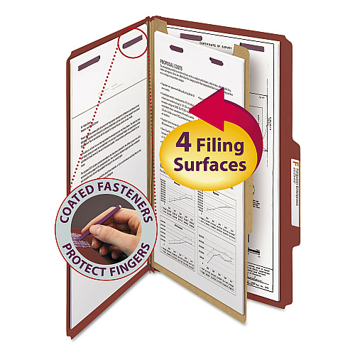 Smead Pressboard Classification Folders, Four SafeSHIELD Fasteners, 2/5-Cut Tabs, 1 Divider, Legal Size, Red, 10/Box (18775)