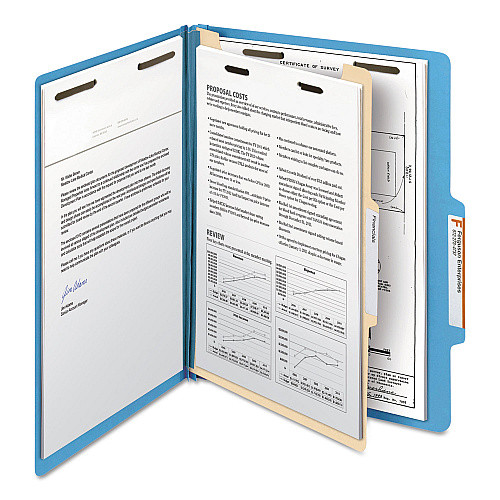 Smead Top Tab Classification Folders, Four SafeSHIELD Fasteners, 2" Expansion, 1 Divider, Letter Size, Blue Exterior, 10/Box (13701)