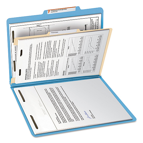 Smead Top Tab Classification Folders, Four SafeSHIELD Fasteners, 2" Expansion, 1 Divider, Letter Size, Blue Exterior, 10/Box (13701)