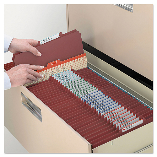 Smead 6-Section Pressboard Top Tab Pocket Classification Folders, 6 SafeSHIELD Fasteners, 2 Dividers, Legal Size, Red, 10/Box (19079)