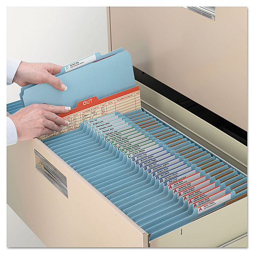 Smead Top Tab Classification Folders, Four SafeSHIELD Fasteners, 2" Expansion, 1 Divider, Letter Size, Blue Exterior, 10/Box (13701)