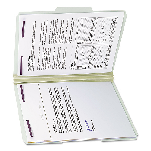 Smead Recycled Pressboard Fastener Folders, 1/3-Cut Tabs, Two SafeSHIELD Fasteners, 2" Expansion, Letter Size, Gray-Green, 25/Box (14934)