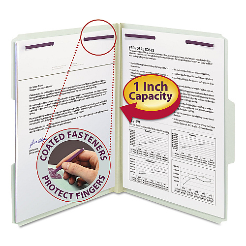 Smead Recycled Pressboard Fastener Folders, 1/3-Cut Tabs, Two SafeSHIELD Fasteners, 1" Expansion, Letter Size, Gray-Green, 25/Box (14931)