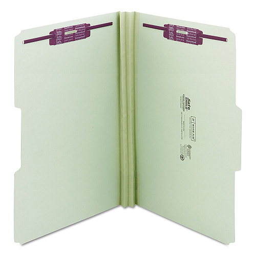 Smead Recycled Pressboard Fastener Folders, 1/3-Cut Tabs, Two SafeSHIELD Fasteners, 2" Expansion, Legal Size, Gray-Green, 25/Box (19934)