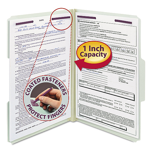 Smead Recycled Pressboard Fastener Folders, 1/3-Cut Tabs, Two SafeSHIELD Fasteners, 1" Expansion, Legal Size, Gray-Green, 25/Box (19931)