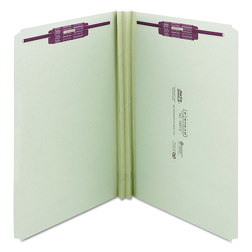 Smead Recycled Pressboard Fastener Folders, Straight Tabs, Two SafeSHIELD Fasteners, 2" Expansion, Legal Size, Gray-Green, 25/Box (19910)