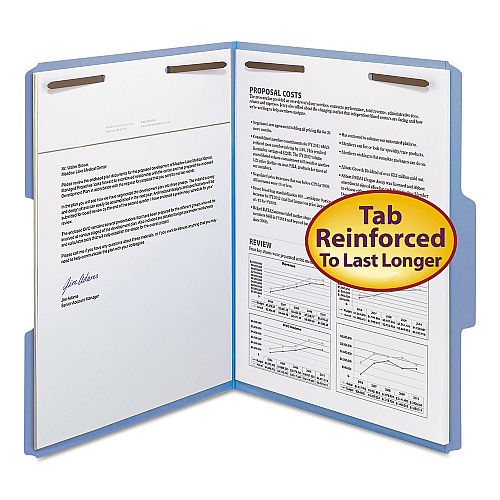 Smead Top Tab Colored Fastener Folders, 0.75" Expansion, 2 Fasteners, Letter Size, Blue Exterior, 50/Box (12040)