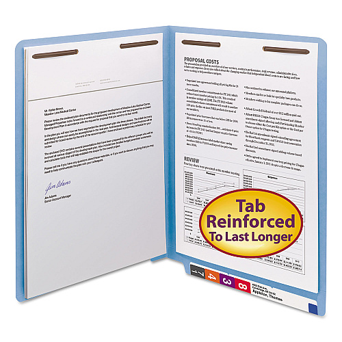 Smead Heavyweight Colored End Tab Fastener Folders, 0.75" Expansion, 2 Fasteners, Letter Size, Blue Exterior, 50/Box (25040)