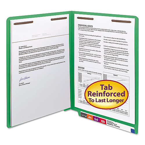 Smead Heavyweight Colored End Tab Fastener Folders, 0.75" Expansion, 2 Fasteners, Letter Size, Green Exterior, 50/Box (25140)