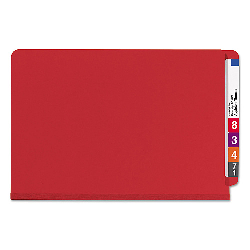 Smead End Tab Pressboard Classification Folders, Six SafeSHIELD Fasteners, 2" Expansion, 2 Dividers, Legal Size, Bright Red, 10/Box (29783)
