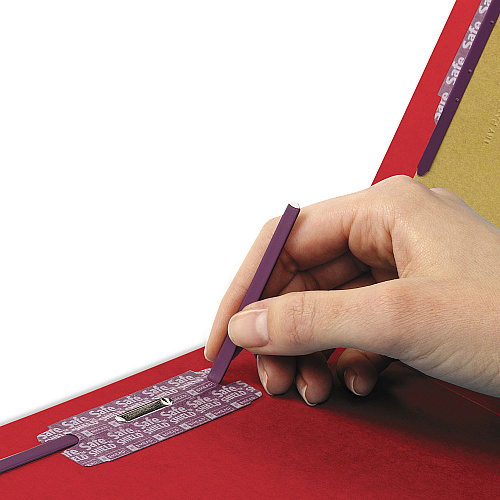 Smead End Tab Pressboard Classification Folders, Six SafeSHIELD Fasteners, 2" Expansion, 2 Dividers, Legal Size, Bright Red, 10/Box (29783)