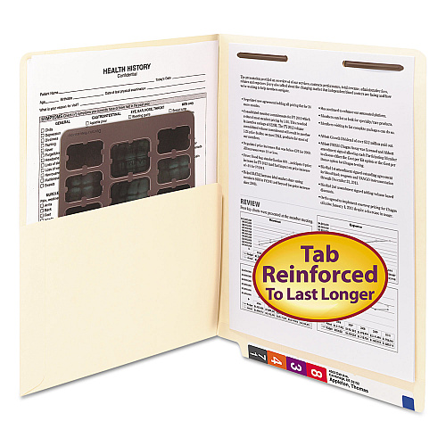 Smead Heavyweight End Tab Fastener Folders, Interior Front-Cover Pocket, 0.75" Expansion, 1 Fastener, Letter Size, Manila, 50/Box (34100)