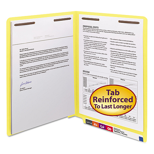 Smead Heavyweight Colored End Tab Fastener Folders, 0.75" Expansion, 2 Fasteners, Letter Size, Yellow Exterior, 50/Box (25940)