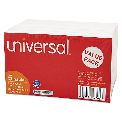 Universal Unruled Index Cards, 3 x 5, White, 500/Pack (UNV47205)