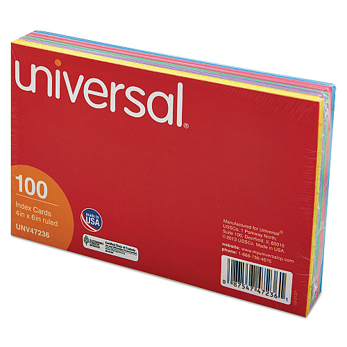 Universal Index Cards, Ruled, 4 x 6, Assorted, 100/Pack (UNV47236)