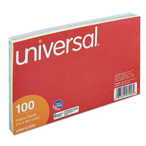 Universal Index Cards, Ruled, 5 x 8, Assorted, 100/Pack (UNV47256)