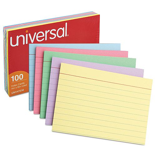 Universal Index Cards, Ruled, 4 x 6, Assorted, 100/Pack (UNV47236)