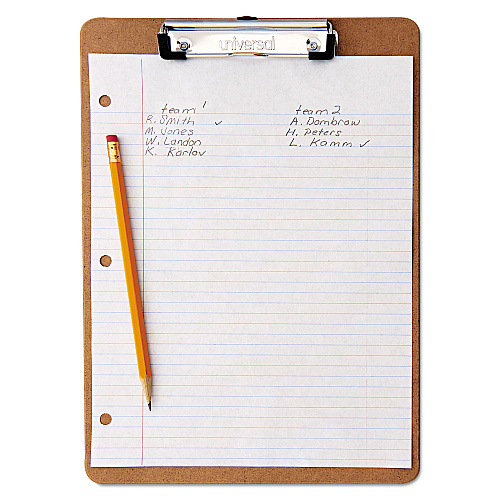 Universal Hardboard Clipboard with Low-Profile Clip, 0.5" Clip Capacity, Holds 8.5 x 11 Sheets, Brown, 6/Pack (UNV05562)