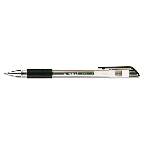 Universal Comfort Grip Gel Pen, Stick, Medium 0.7 mm, Black Ink, Clear/Black Barrel, Dozen (UNV39510)