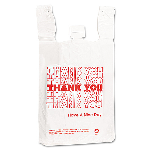Barnes Paper Company Plastic Thank-You T-Sack, Thank You - Have a Nice Day Labeling, Cut-Out Handles, 4" x 6" x 15", White/Red, 2,000/Carton (6415THYOU)