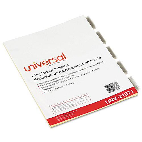 Universal Insertable Tab Index, 5-Tab, 11 x 8.5, Buff, Clear Tabs, 6 Sets (UNV21871)