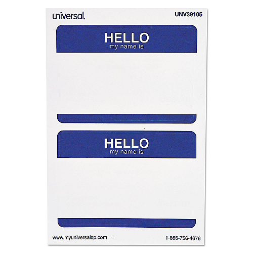 Universal Hello Self-Adhesive Name Badges, 3.5 x 2.25, White/Blue, 100/Pack (UNV39105)