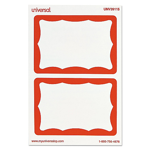 Universal Border-Style Self-Adhesive Name Badges, 3 1/2 x 2 1/4, White/Red, 100/Pack (UNV39115)