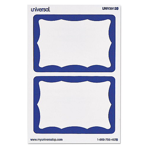 Universal Border-Style Self-Adhesive Name Badges, 3 1/2 x 2 1/4, White/Blue, 100/Pack (UNV39120)