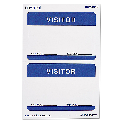 Universal Visitor Self-Adhesive Name Badges, 3.5 x 2.25, White/Blue, 100/Pack (UNV39110)