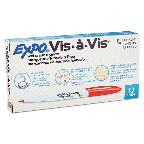 EXPO Vis-a-Vis Wet Erase Marker, Fine Bullet Tip, Red, Dozen (16002)