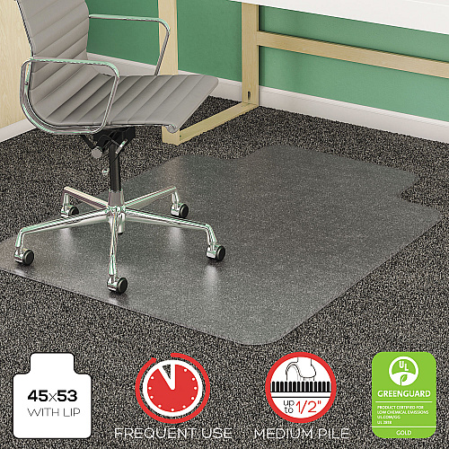 Deflecto SuperMat Frequent Use Chair Mat for Medium Pile Carpet, 45 x 53, Wide Lipped, Clear (CM14233)