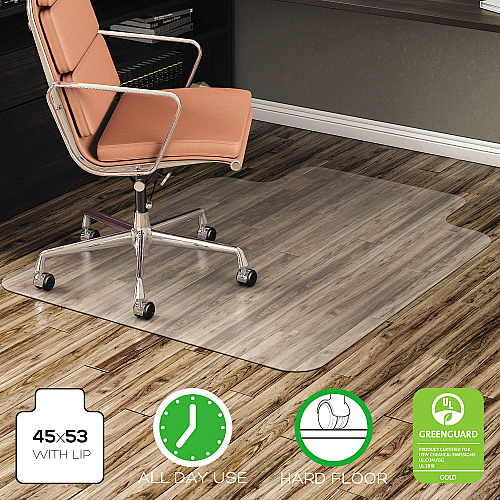 Deflecto EconoMat All Day Use Chair Mat for Hard Floors, Flat Packed, 45 x 53, Wide Lipped, Clear (CM21232)