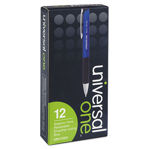 Universal Comfort Grip Ballpoint Pen, Retractable, Medium 1 mm, Blue Ink, Blue/Black Barrel, Dozen (UNV15541)