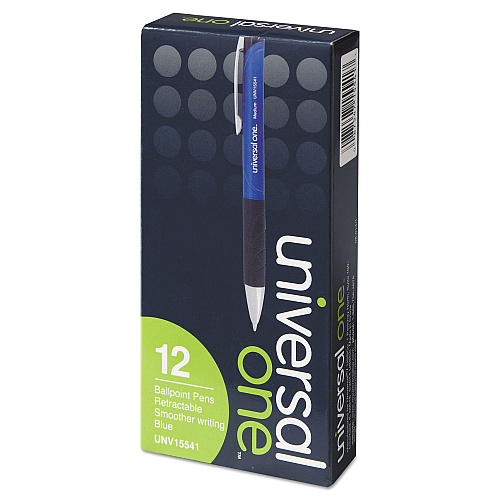 Universal Comfort Grip Ballpoint Pen, Retractable, Medium 1 mm, Blue Ink, Blue/Black Barrel, Dozen (UNV15541)