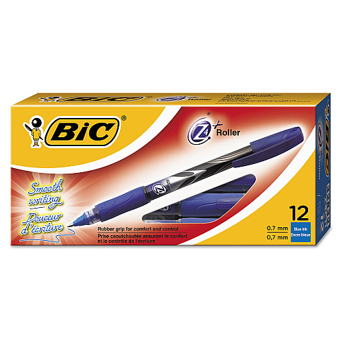 BIC Roller Glide Deco Roller Ball Pen, Fine 0.7mm, Blue Ink, Silver/Blue Barrel, Dozen (Z4C11BE)